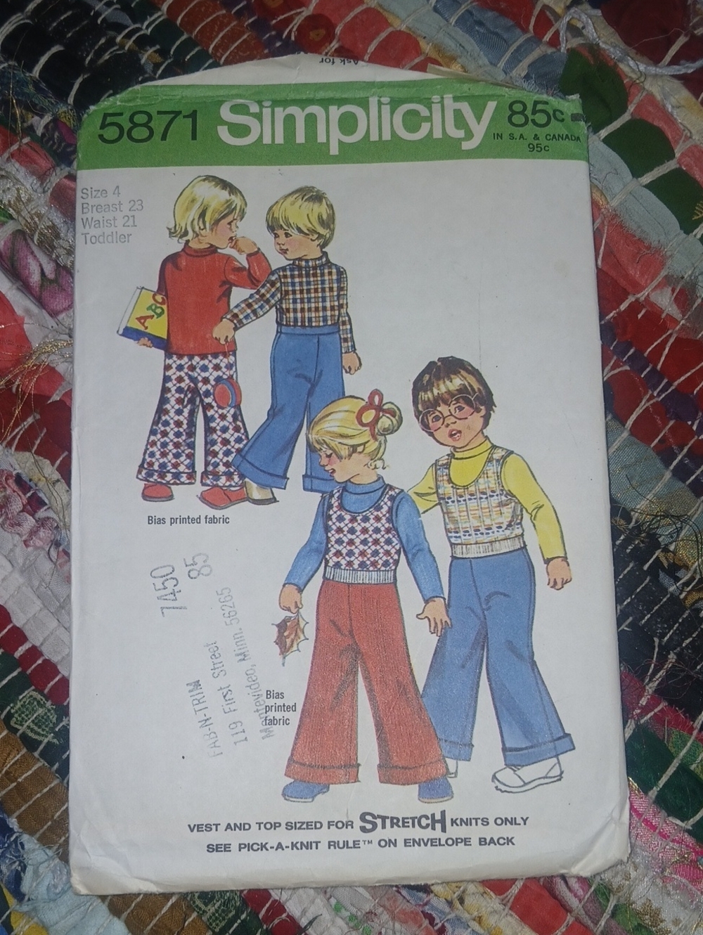 1973 Simplicity Uncut Pattern For Toddlers Pullover Vest Top & Wide Leg Pants 4